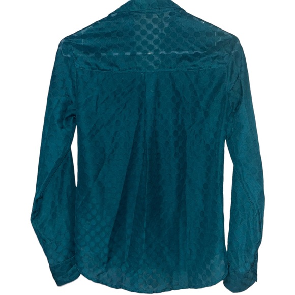 Express Portofino Button Down Polka Dot Green Sheer Collared V Neck Blouse Shirt - Picture 3 of 6